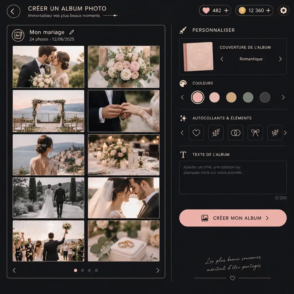 Interface de création d'album photo dans Romantic Wedding Planner