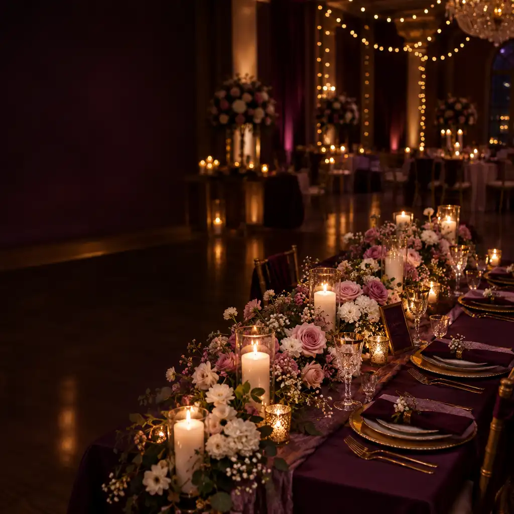 Table de réception de mariage décorée avec des fleurs roses et blanches, des bougies allumées et des guirlandes lumineuses en arrière-plan