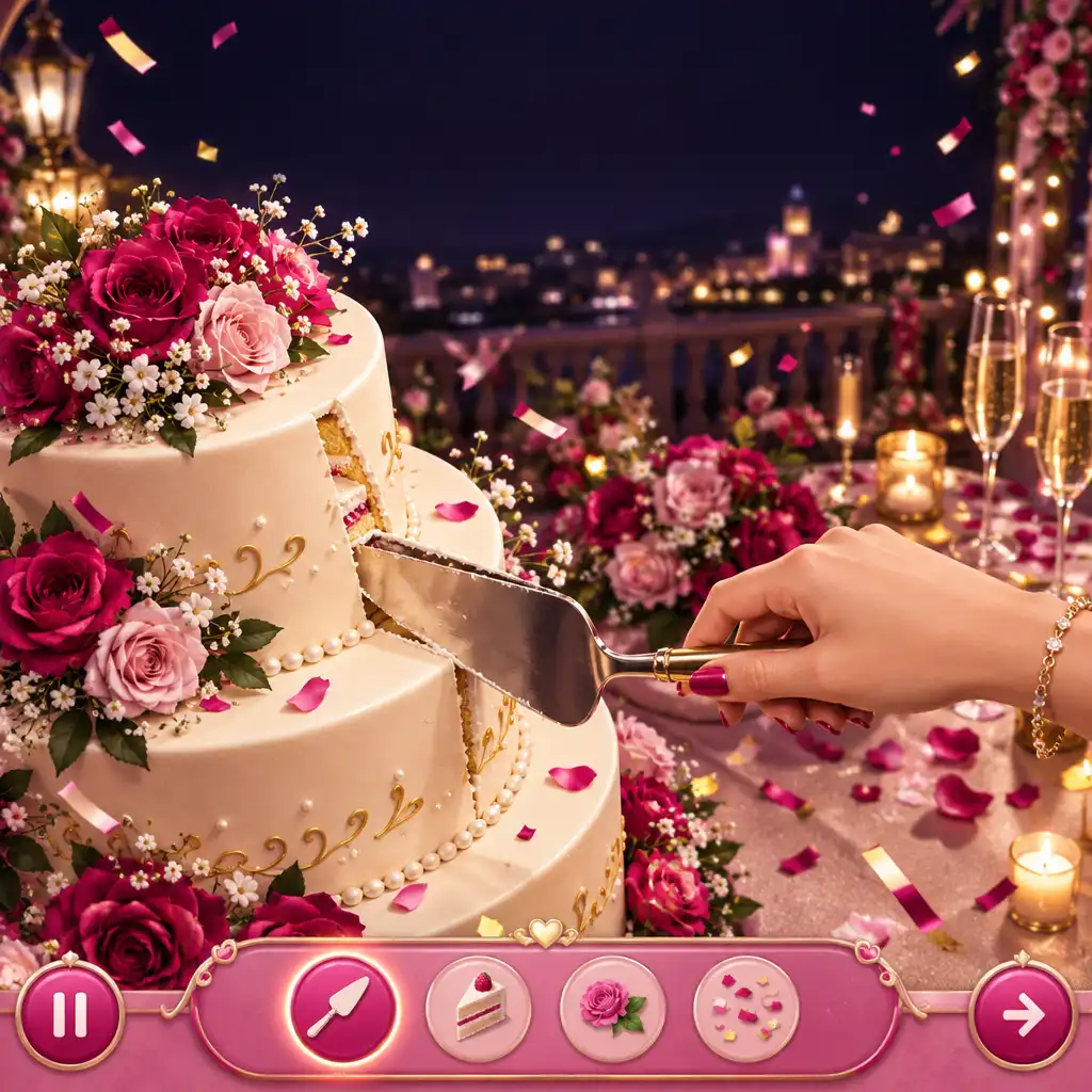 Mini-jeu de découpe d'un gâteau de mariage à plusieurs étages avec une spatule, confettis et fleurs, ambiance festive nocturne