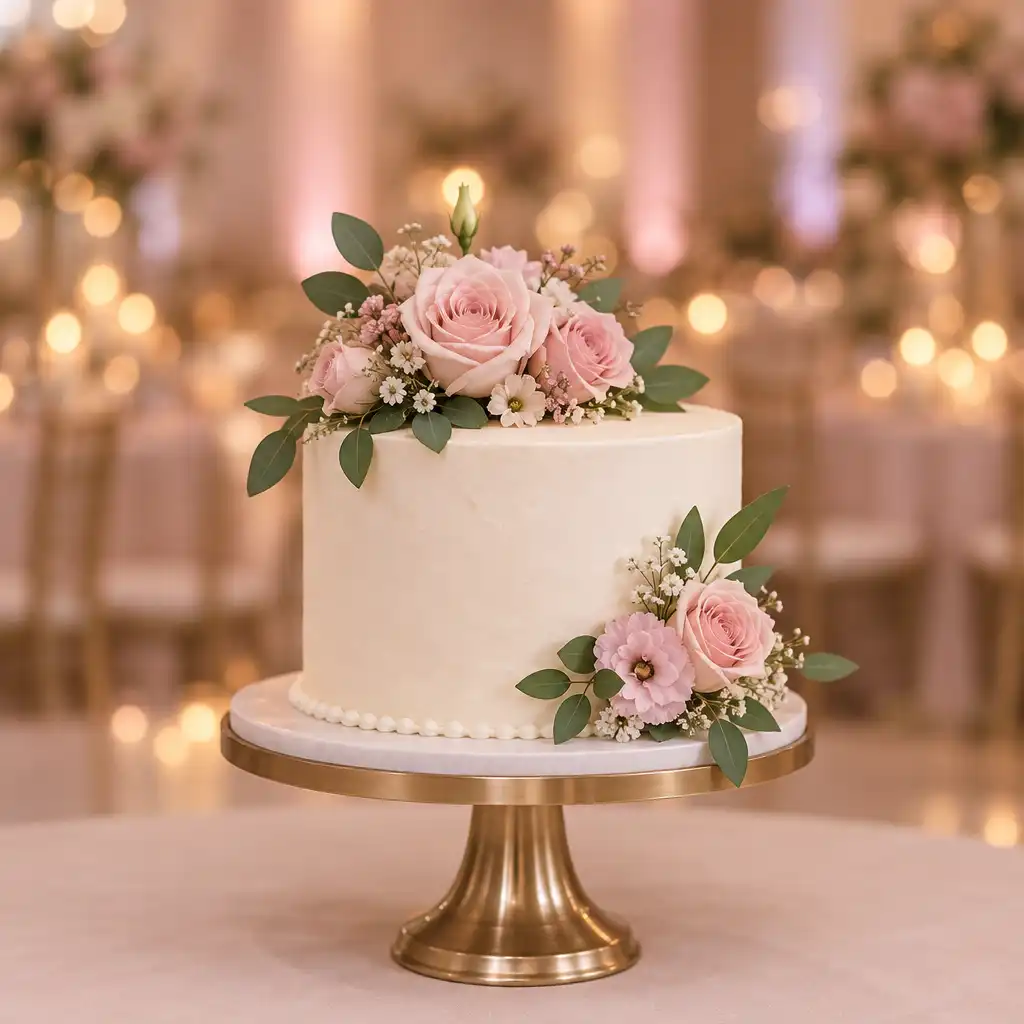 Gâteau de mariage à un étage décoré de fleurs roses