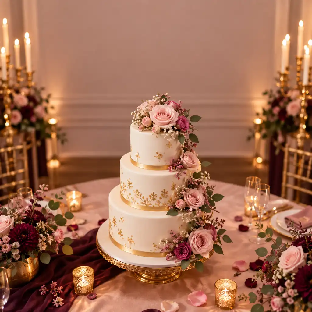 Gâteau de mariage élégant à trois étages décoré de fleurs roses