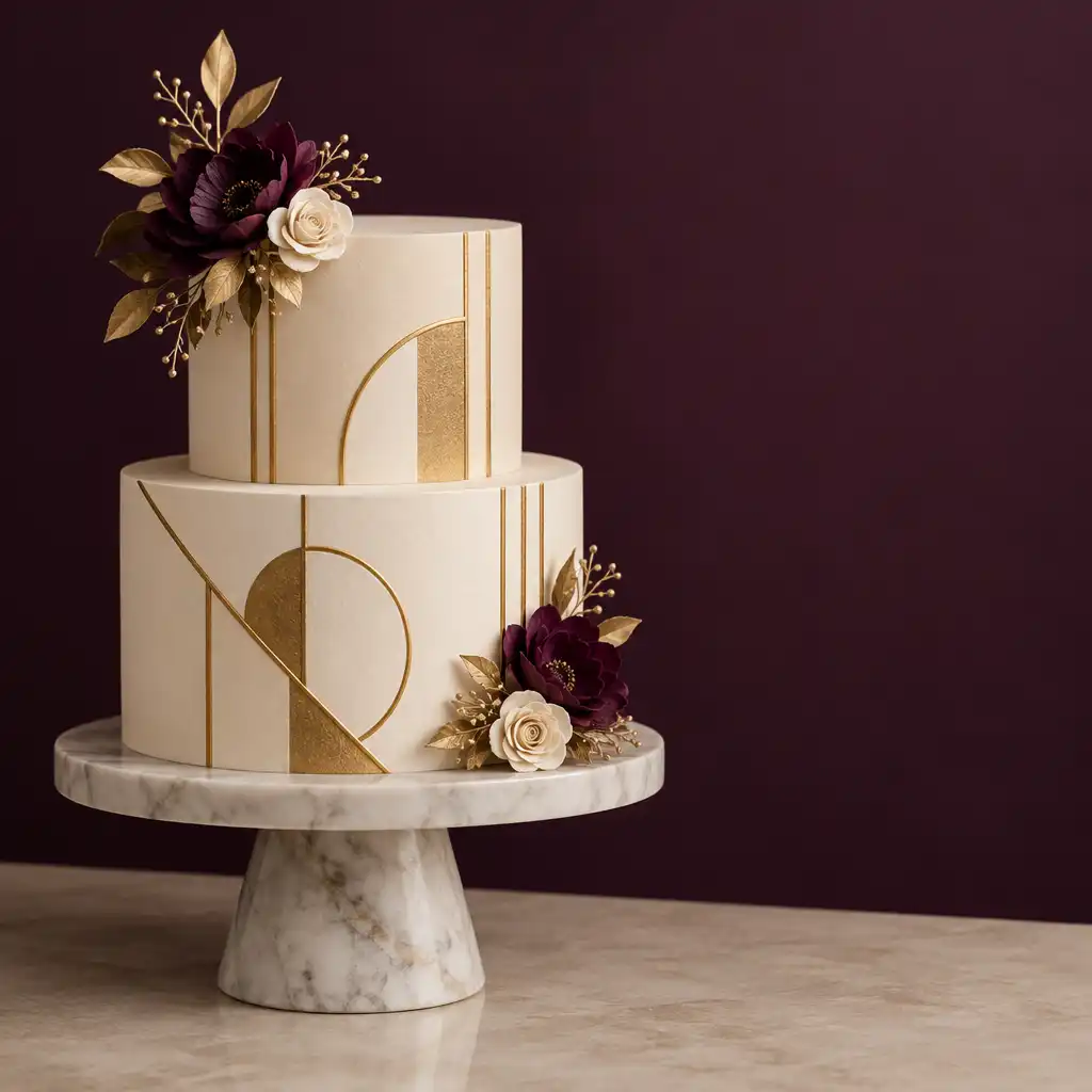 Gâteau de mariage moderne avec motifs géométriques dorés