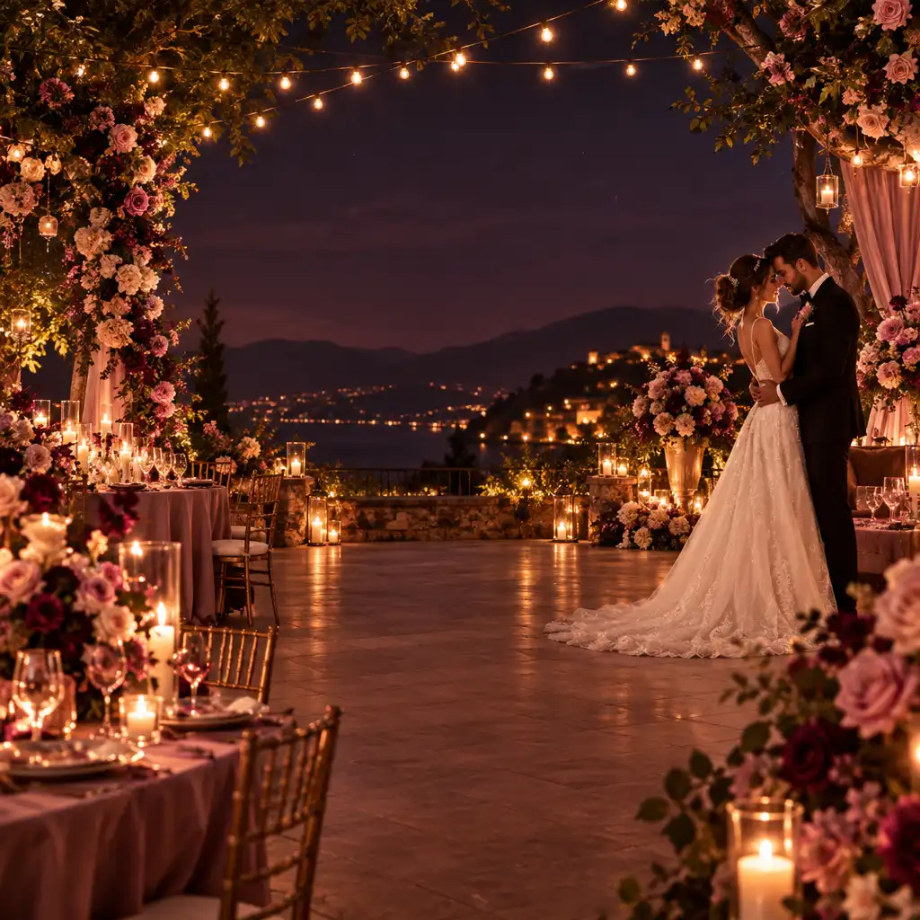 Réception de mariage romantique en soirée avec un couple élégant et des décorations florales roses