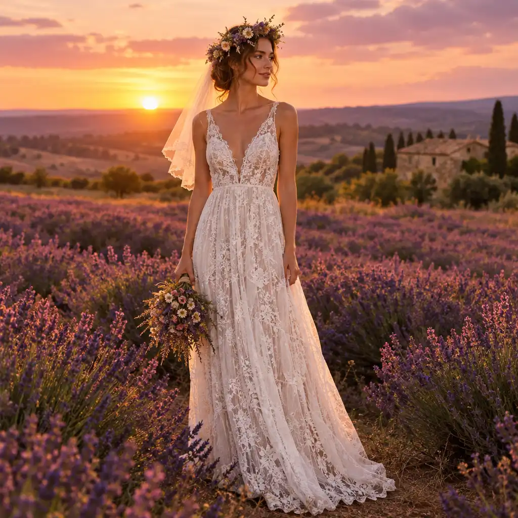 Mariée bohème avec robe en dentelle fluide et couronne de fleurs
