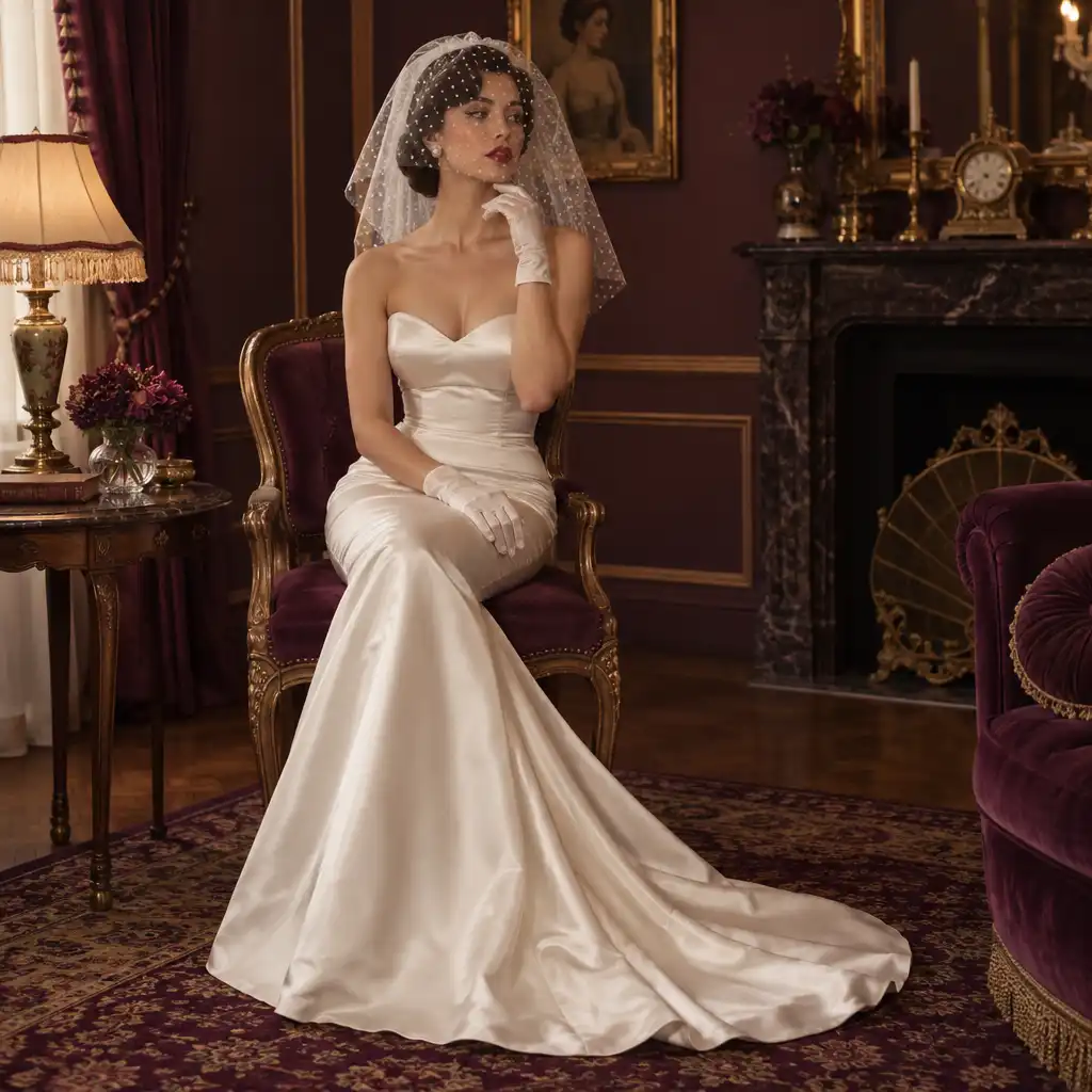 Mariée vintage avec robe sirène en satin et voile à pois