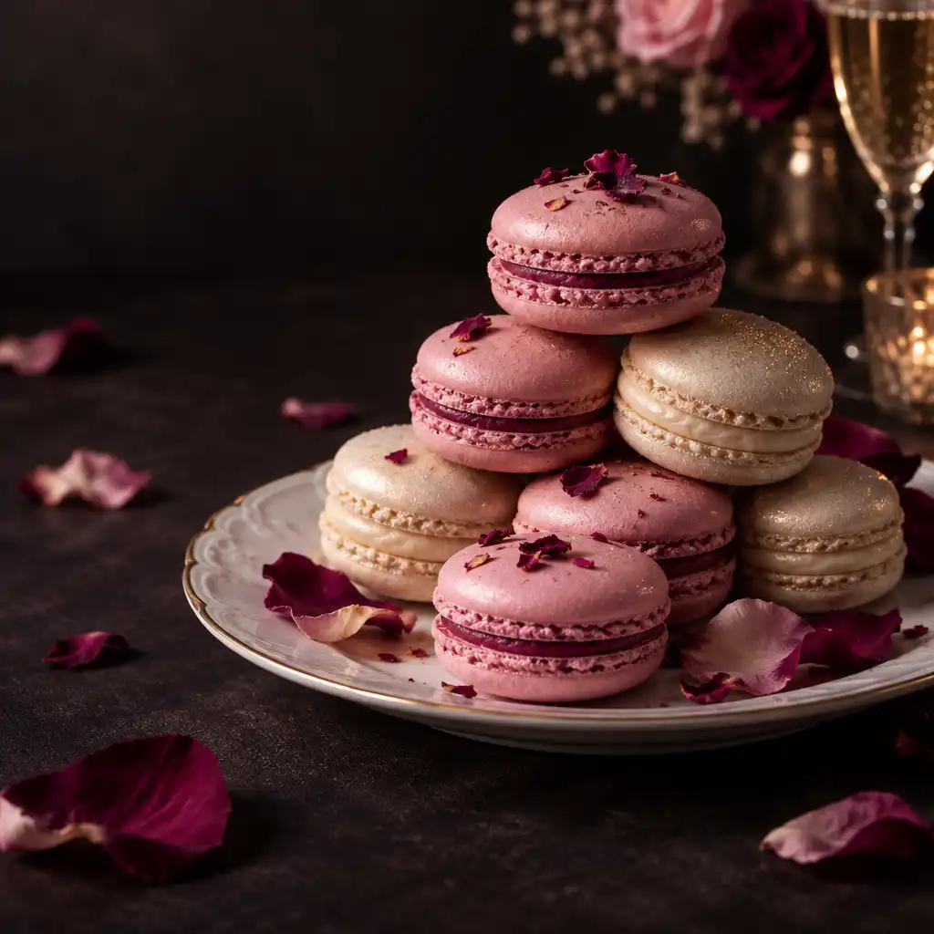Macarons français roses et champagne sur une assiette