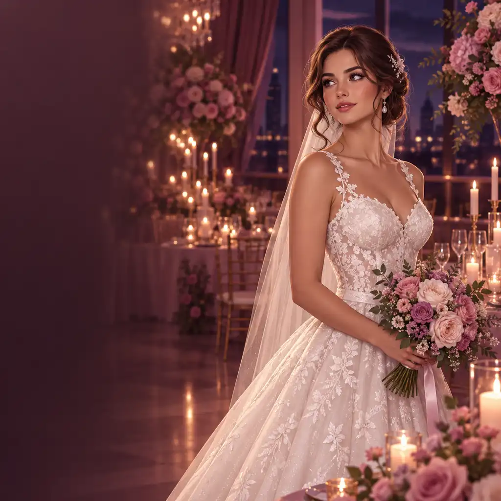 Héroïne en robe de mariée blanche dans une salle de réception décorée de fleurs roses et de bougies, ambiance nocturne chaleureuse