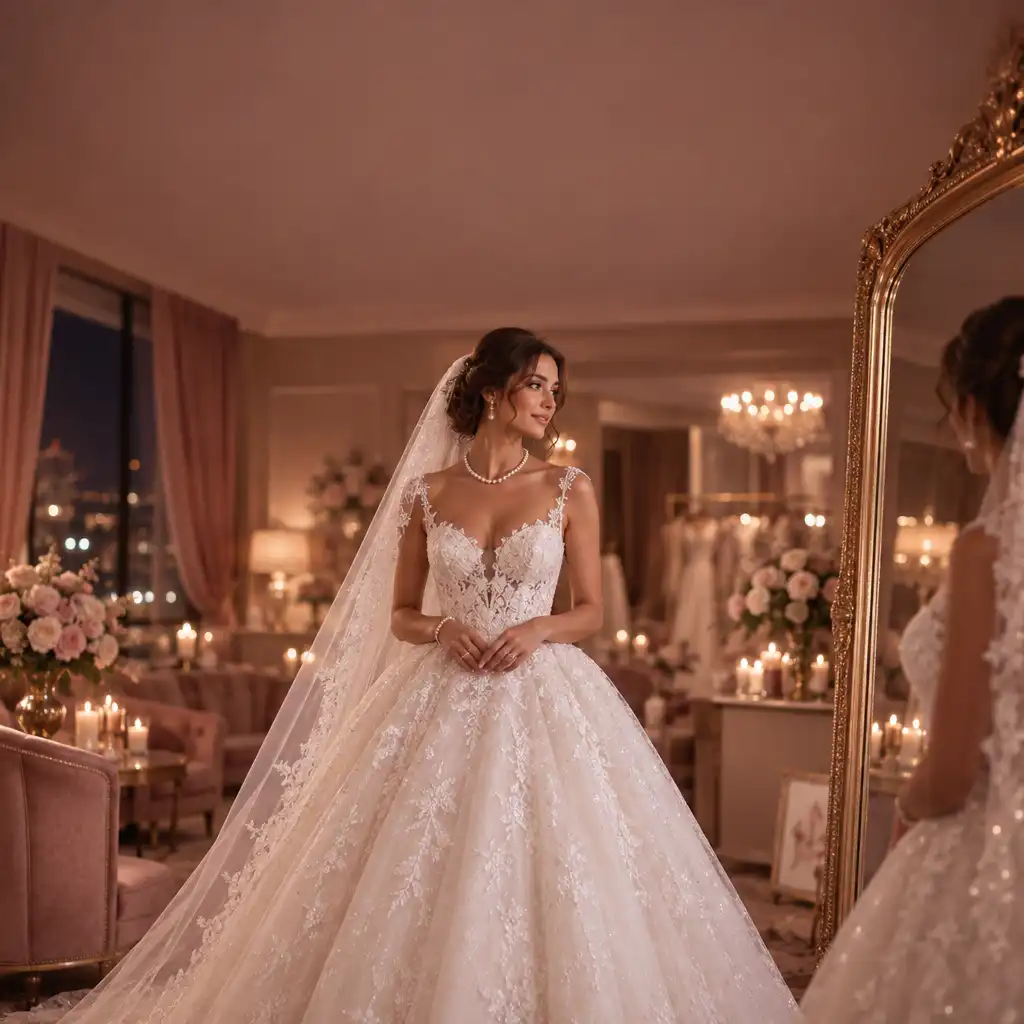 Mariée élégante dans une robe de bal blanche avec voile et bijoux en perles, debout devant un miroir dans un salon de mariage luxueux