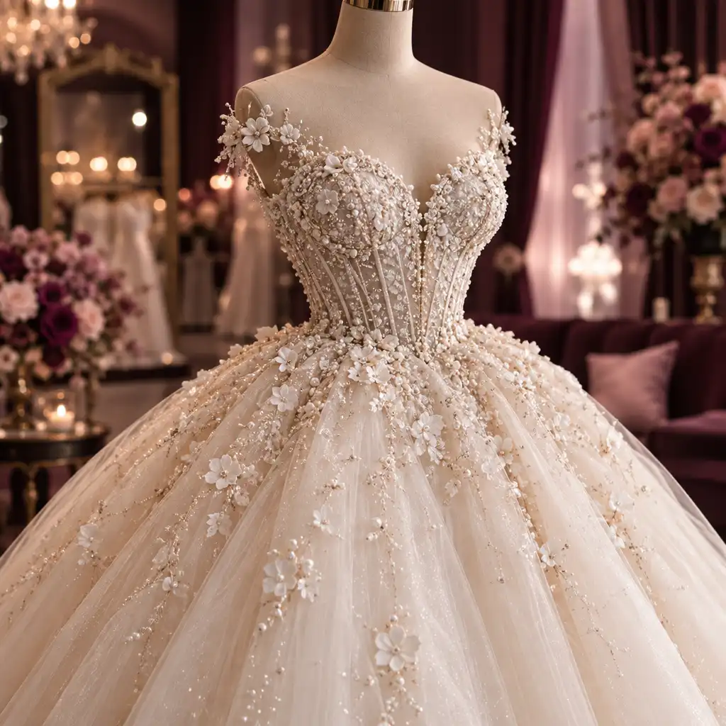 Robe de mariée princesse avec jupe volumineuse et corsage perlé