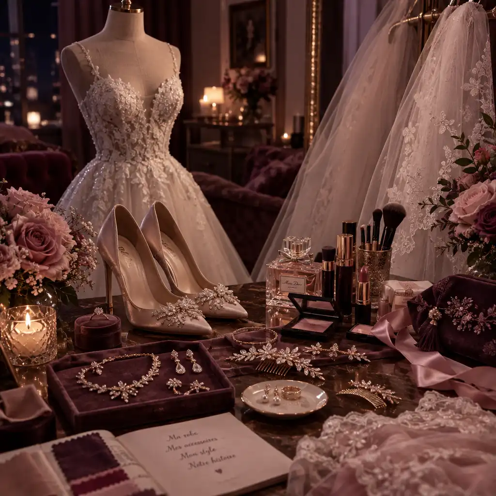 Table de préparation de mariage avec robe, voiles, chaussures, bijoux et maquillage disposés élégamment