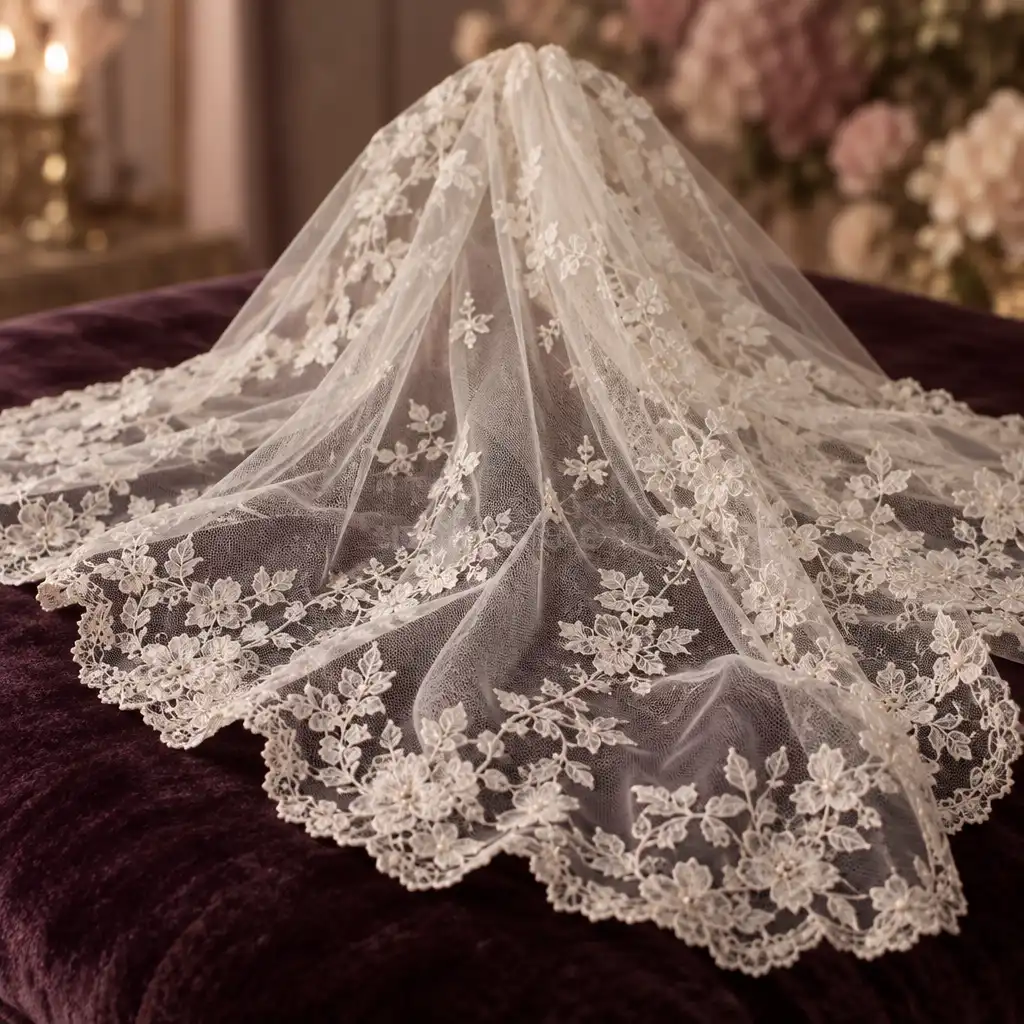 Voile de mariée en dentelle délicate posé sur velours prune